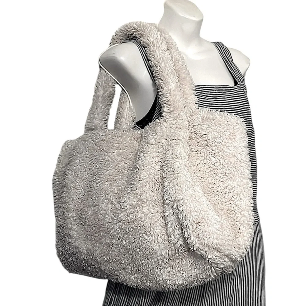 a new day Off White Faux Fur Teddy Sherpa Two Handle Tote Bag Carry On Purse
